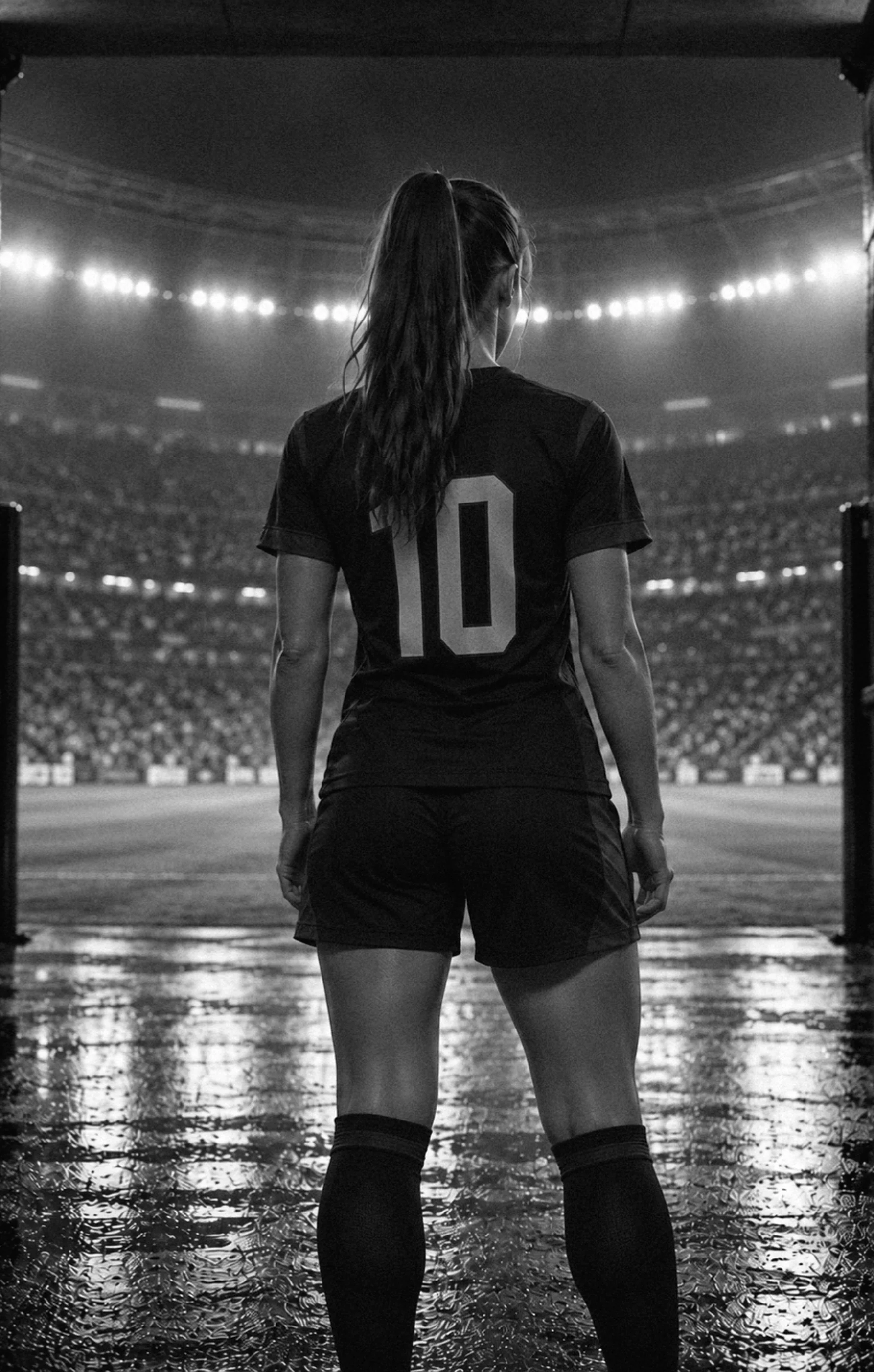Editorial image of a number 10 women's football player looking out onto a stadium from the tunnel