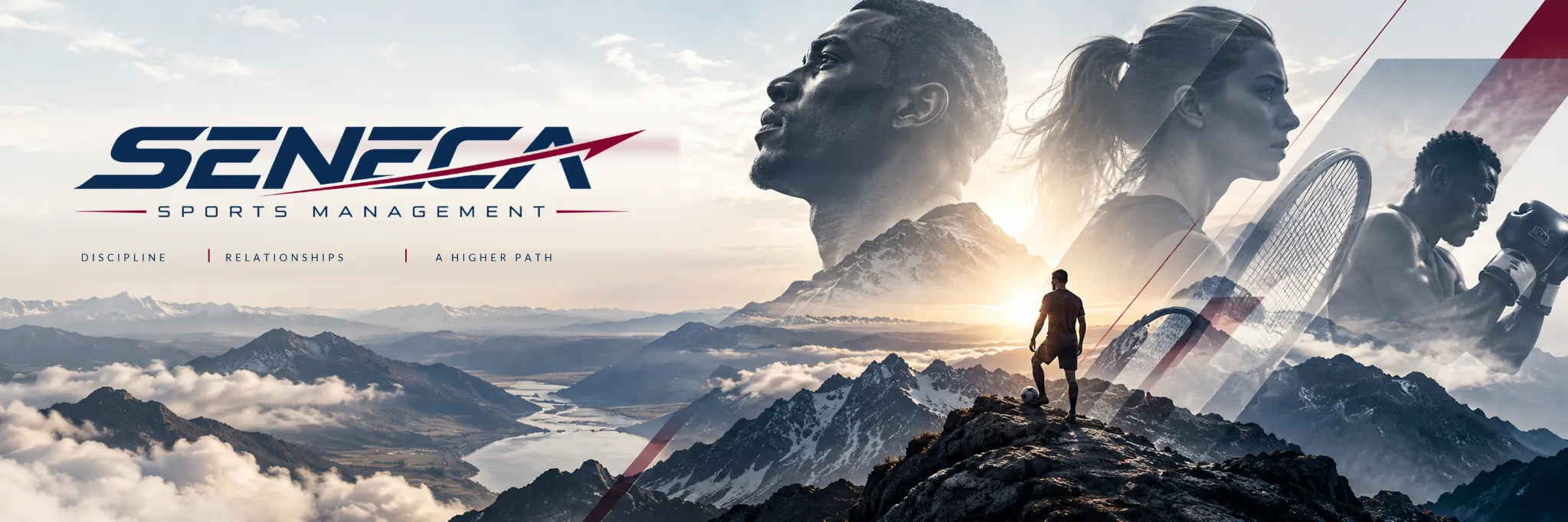 SENECA Sports Management official launch artwork showing athletes over a mountain panorama